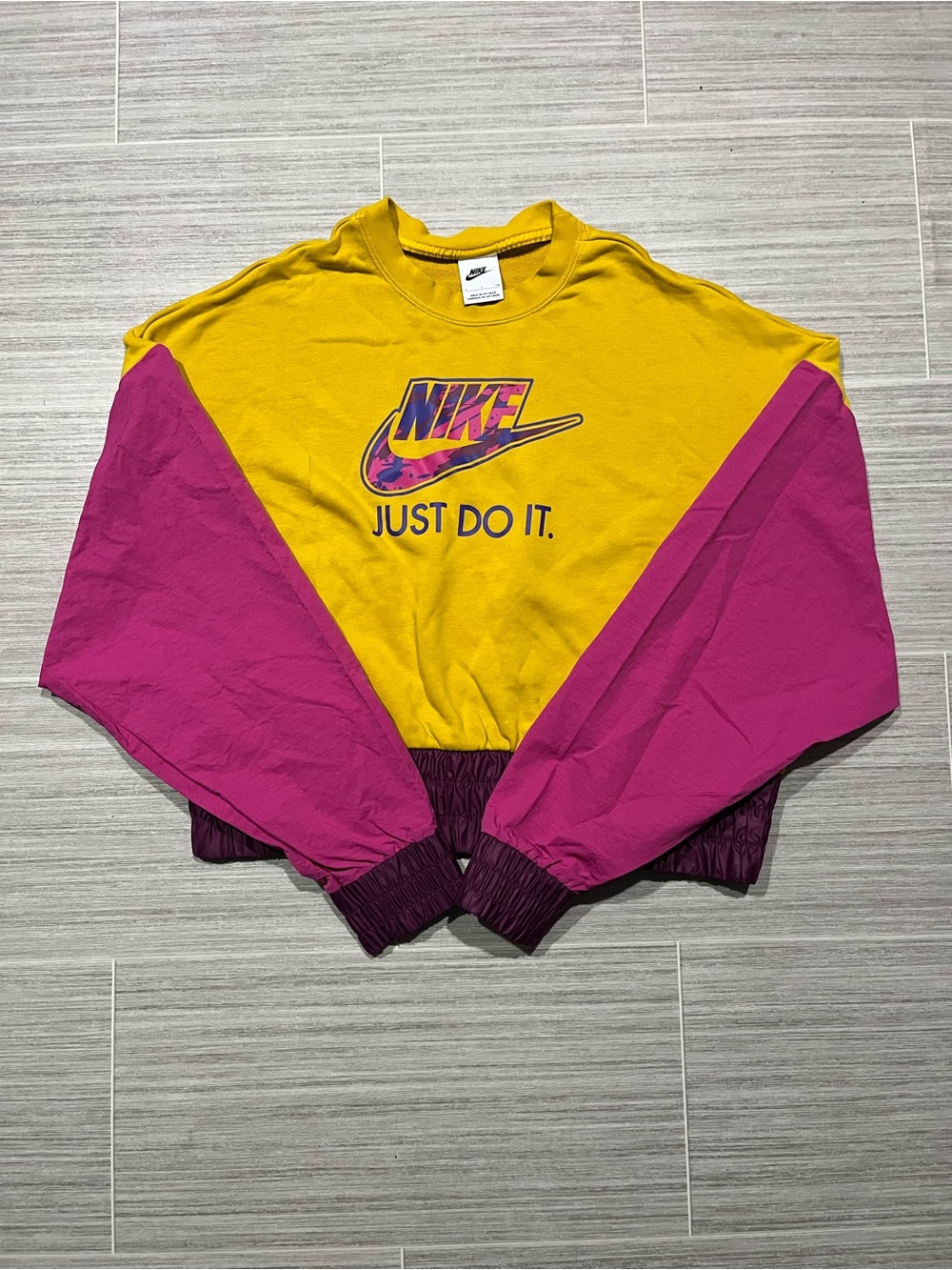Nike Retro Style Yellow and Magenta Cropped Sweatshirt